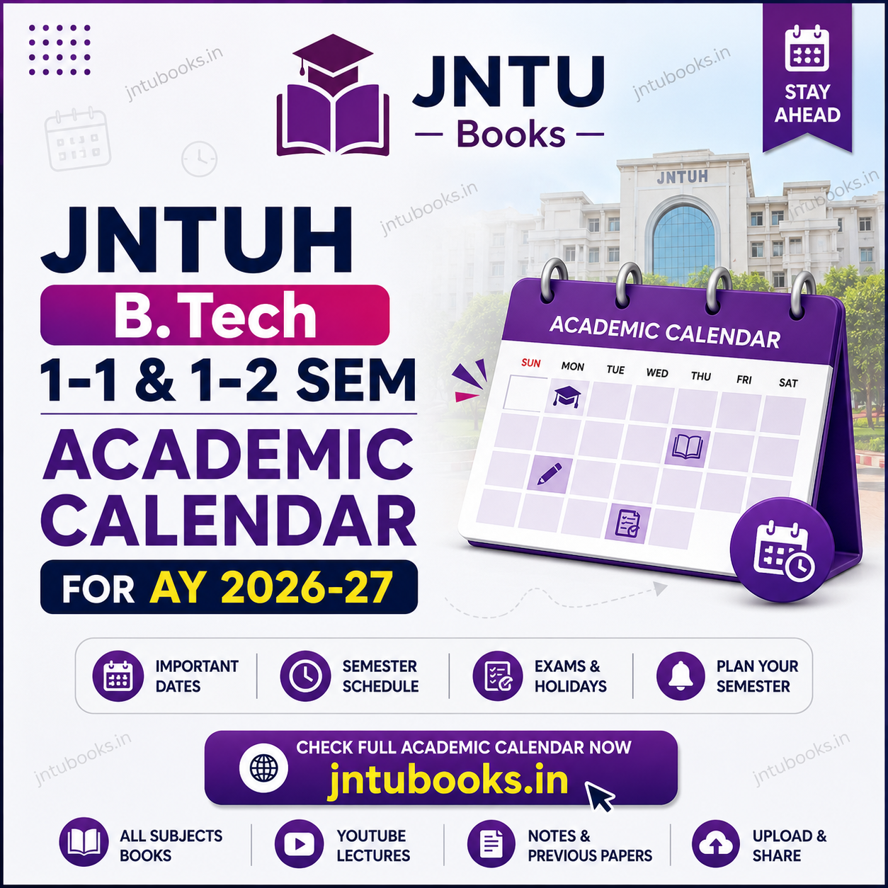 JNTU Hyderabad has announced Academic Calendar 2026-27 for B.Tech 1-1 & 1-2 Semesters. Students can check Academic Calender of B.Tech I YEAR I and II Semesters 2026-27.