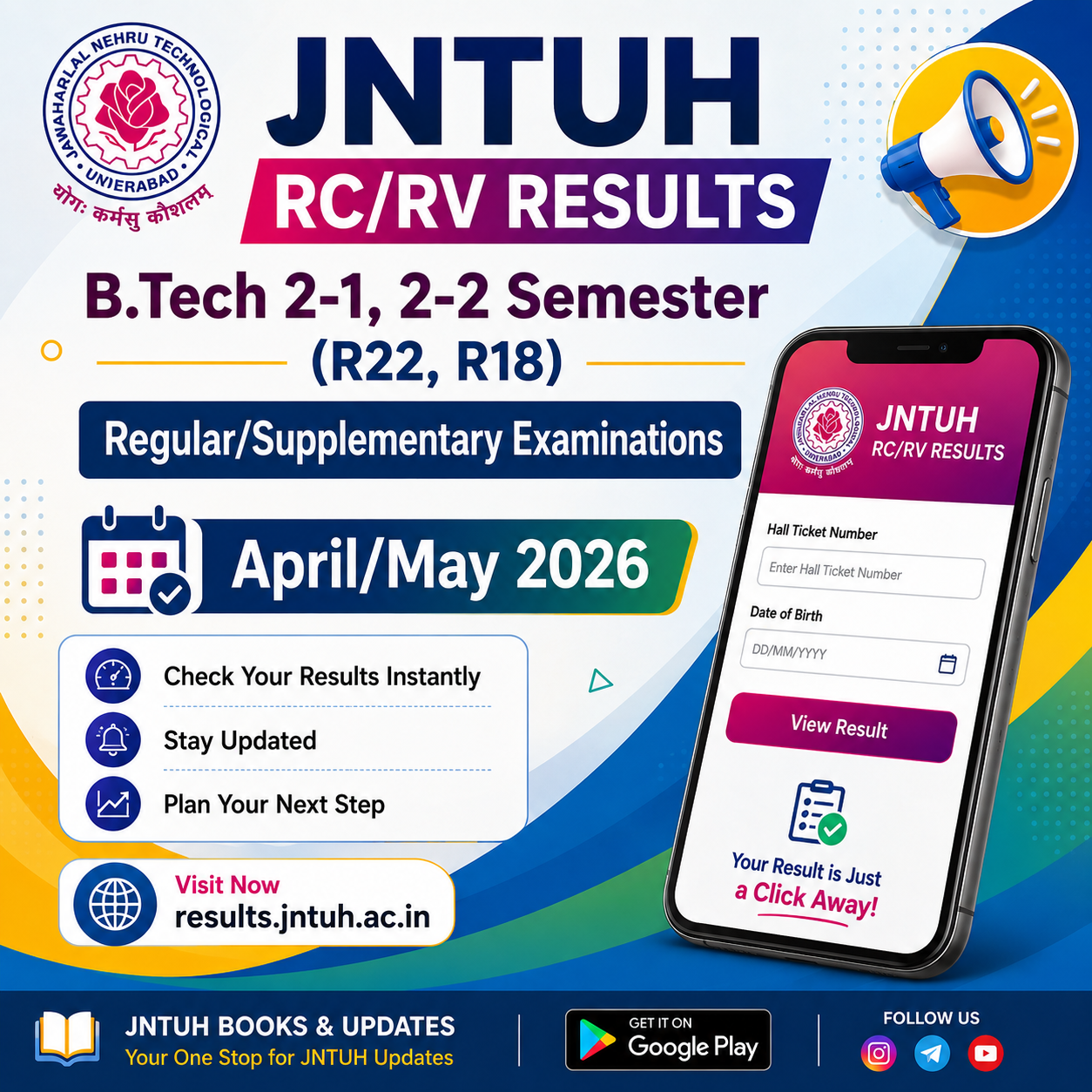 JNTUH RC/RV Results For B.Tech 2-1, 2-2 Semester (R22, R18) Regular/Supplementary Examinations - April/May 2026